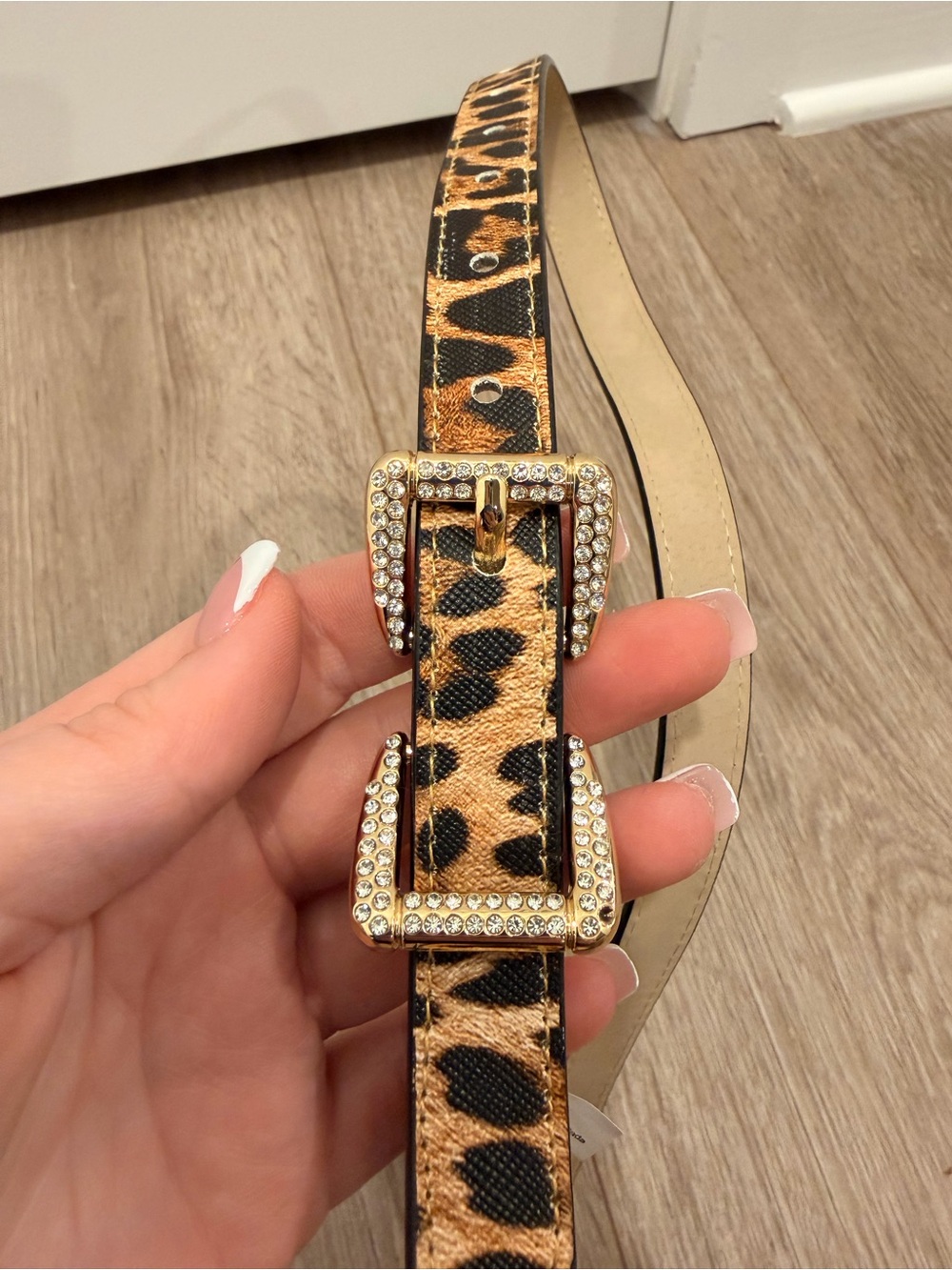 Leopard Print Women’s Belt with Rhinestone Buckle - Tan/Black